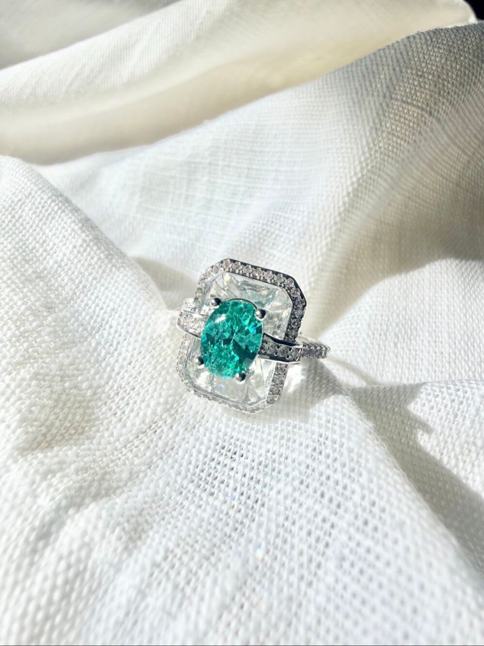 Emerald Green Oval CZ Statement Ring Silver Tone Art Deco Cocktail